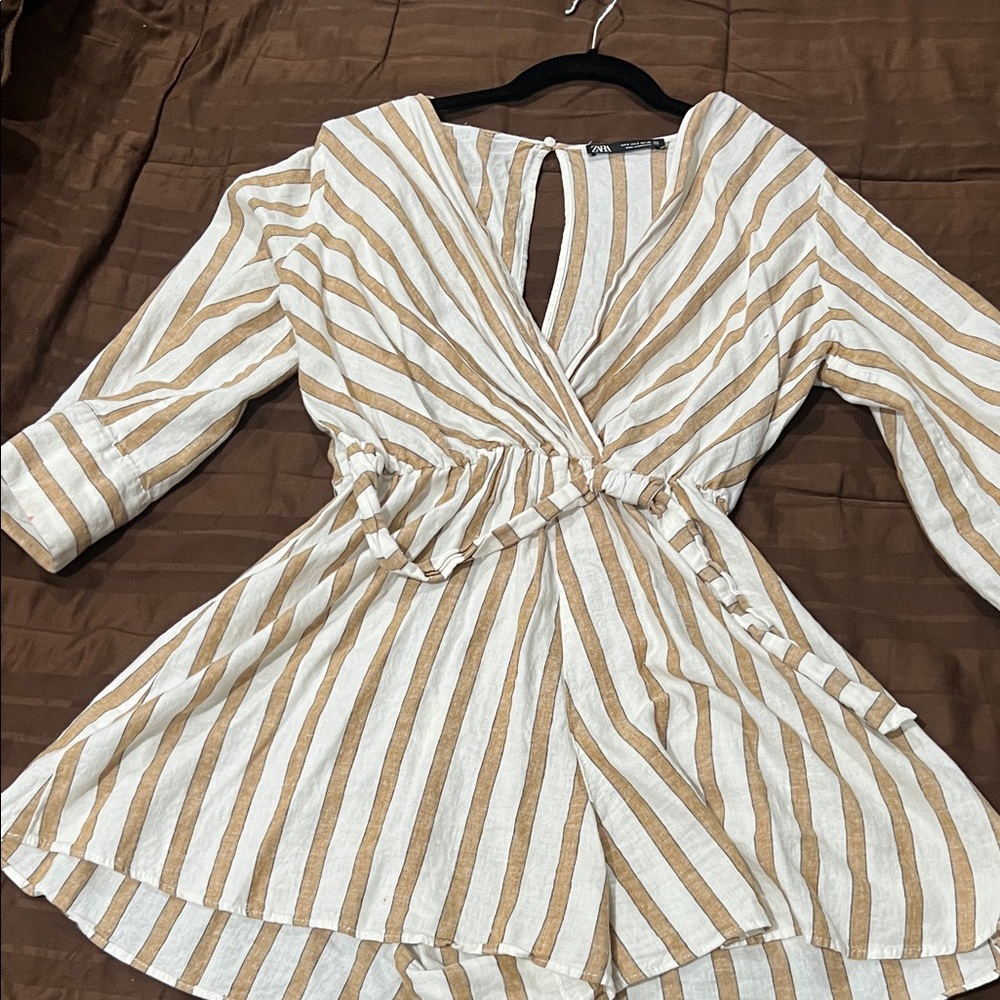 Zara Tan and White Striped romper